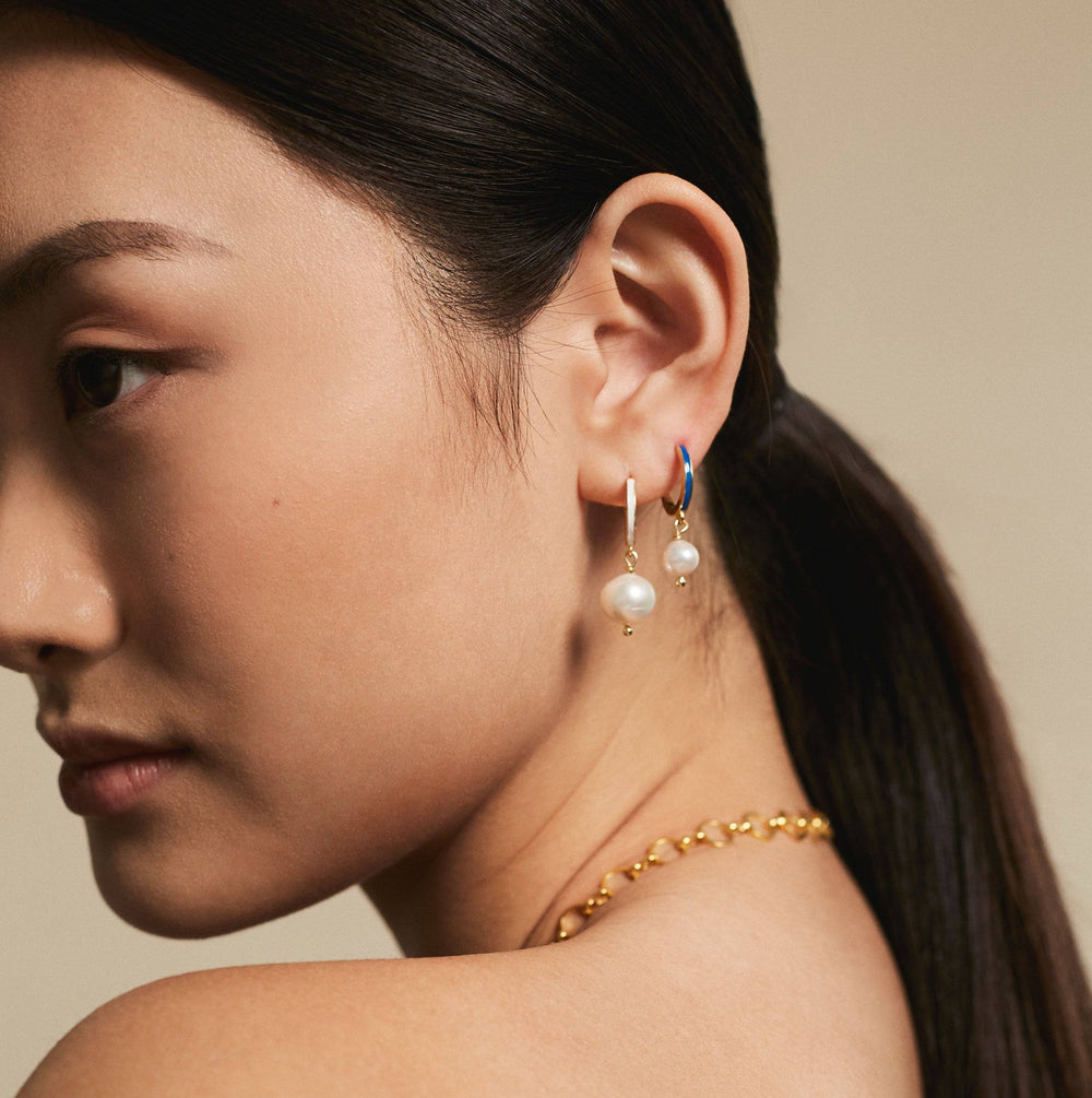 Big Pearl and Enamel Hoops - Eye M Neon Rocks - Ileana Makri store