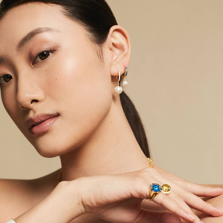Big Pearl and Enamel Hoops - Eye M Neon Rocks - Ileana Makri store