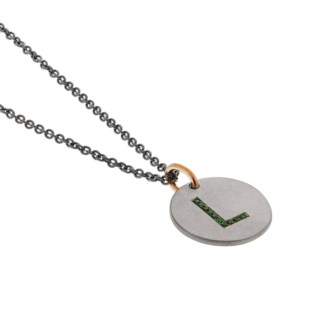 Tsavorite Garnet Letter Pendant T-TS - TITANIUM - Ileana Makri store