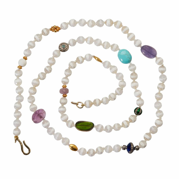 White Agate Stripe Necklace 9 (70cm) - Globetrotter - Ileana Makri store