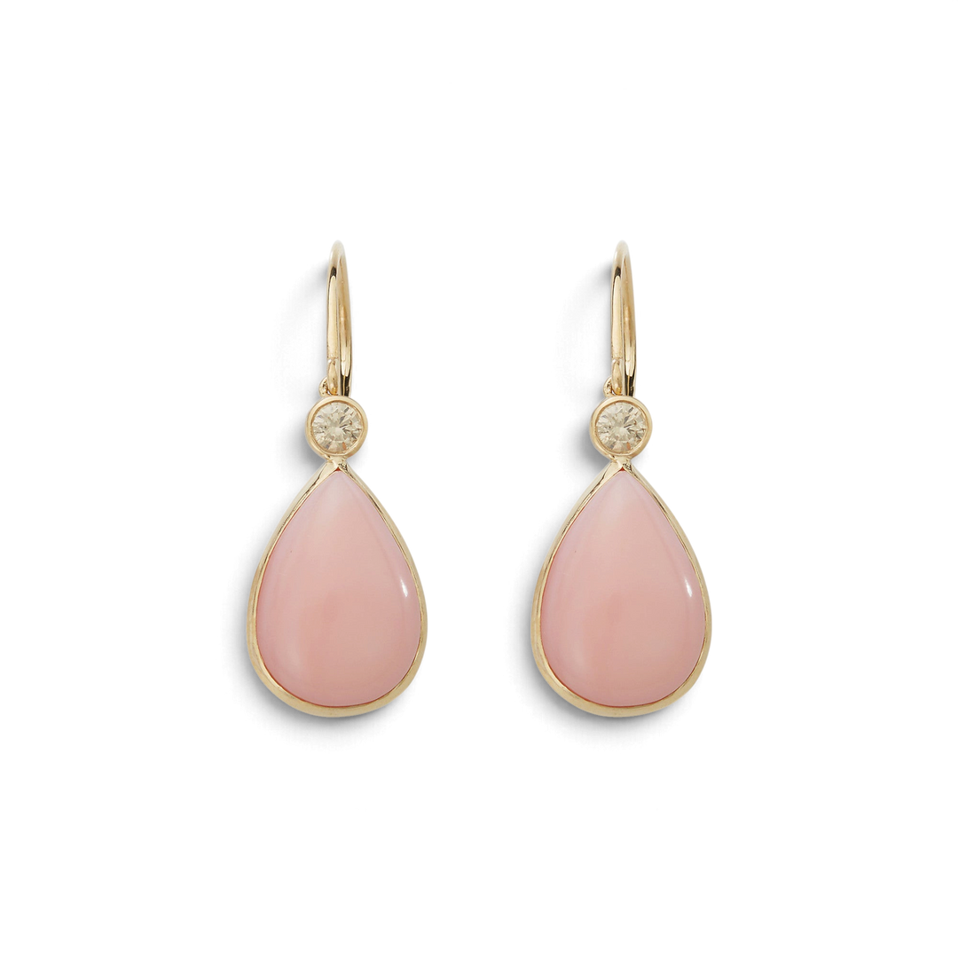 Ileana Makri pink opal pear drop earrings in 14k yellow gold with champagne diamond accents on hook fastenings