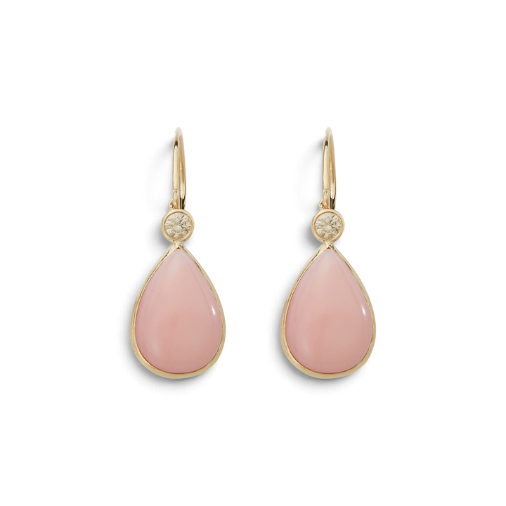 Ileana Makri pink opal pear drop earrings in 14k yellow gold with champagne diamond accents on hook fastenings