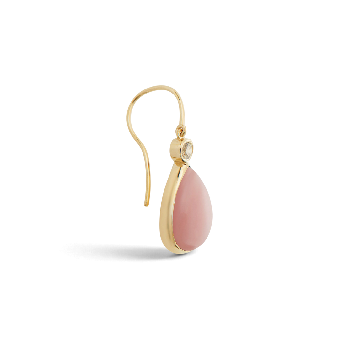 Ileana Makri 14k yellow gold pear drop earrings featuring pink opal cabochons and champagne diamonds.