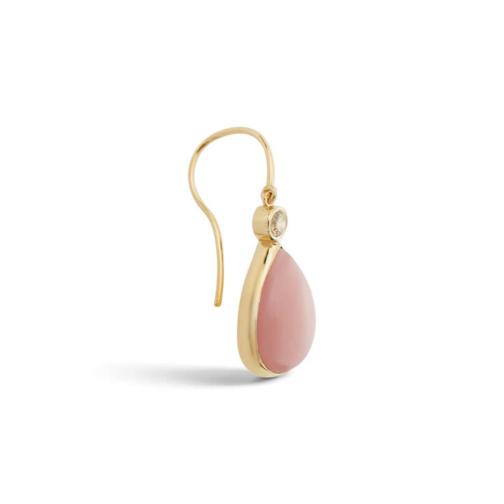 Ileana Makri 14k yellow gold pear drop earrings featuring pink opal cabochons and champagne diamonds.