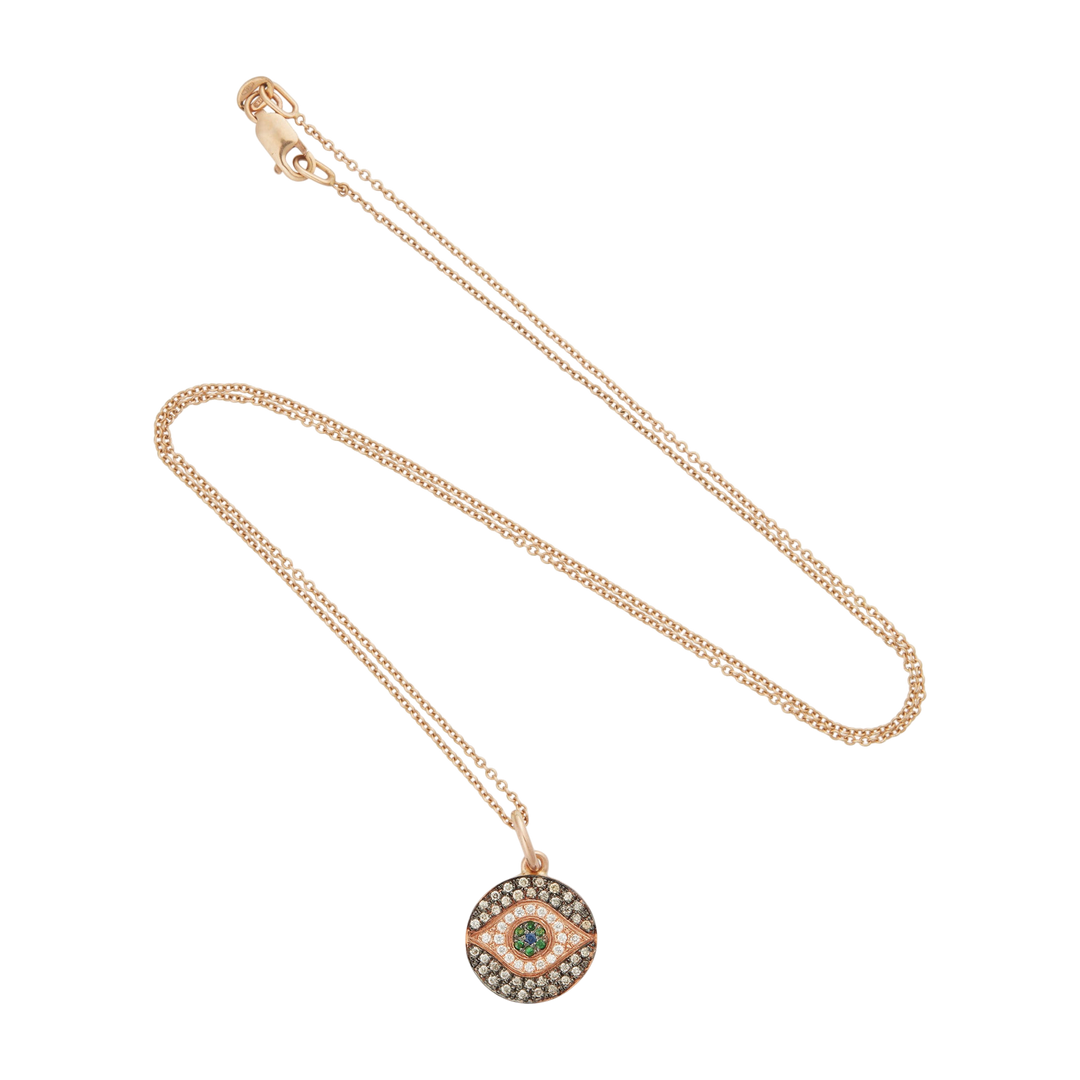 Ileana Makri Mini Dawn pendant necklace in 18k rose gold with champagne diamonds, sapphires, and tsavorites.