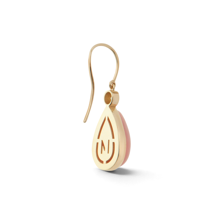 Ileana Makri pink opal pear drop earrings in 14k yellow gold with a hook fastening, shown from the side profile.