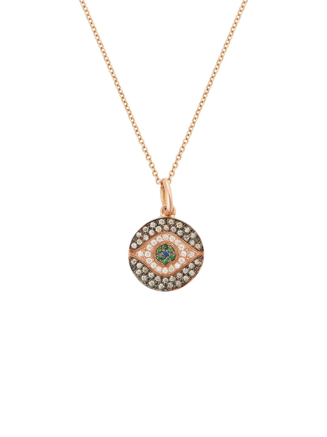 Ileana Makri Mini Dawn pendant in 18k rose gold with diamonds, tsavorites, and blue sapphires on a delicate chain.