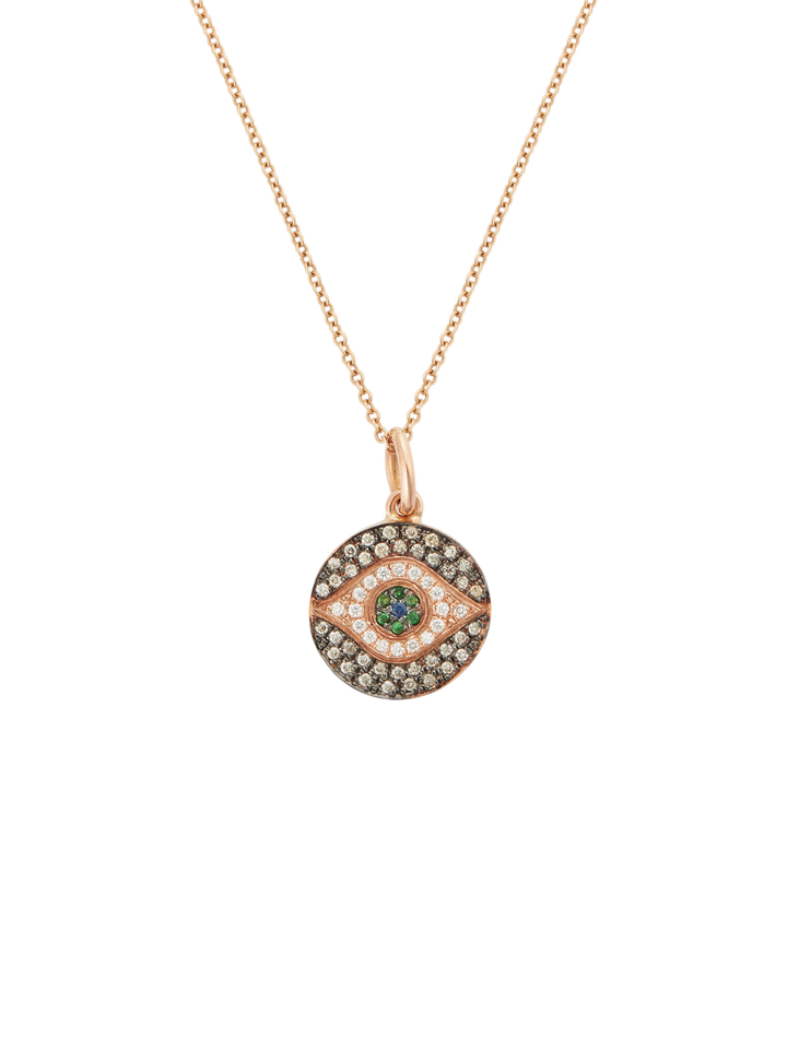 Ileana Makri Mini Dawn pendant in 18k rose gold with diamonds, tsavorites, and blue sapphires on a delicate chain.