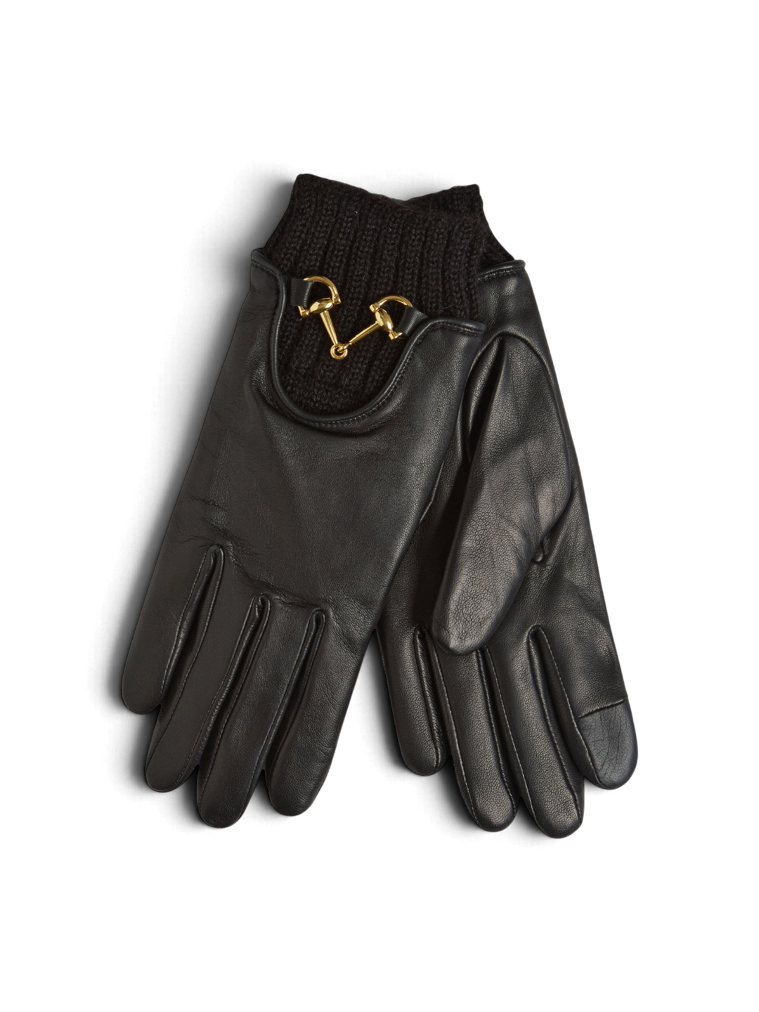 Ileana Makri black lambskin gloves with alpaca knit cuffs and gold-tone signature shoe-buckle hardware detail