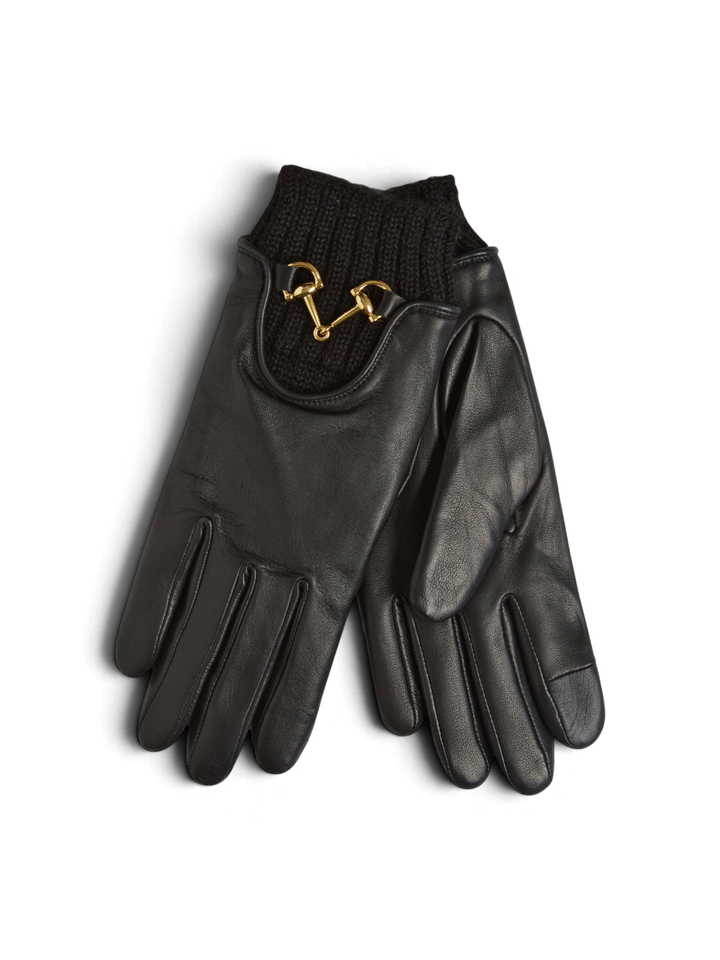 Ileana Makri black lambskin gloves with alpaca knit cuffs and gold-tone signature shoe-buckle hardware detail