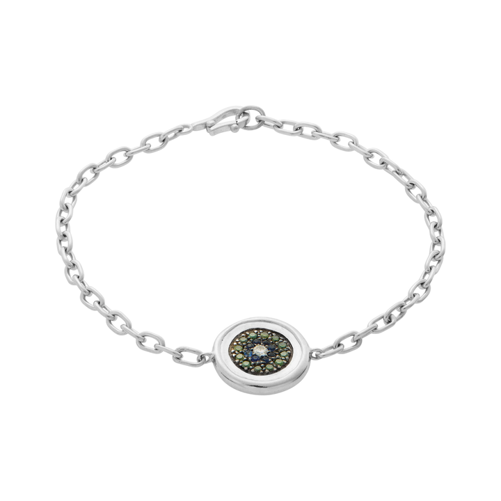 Ileana Makri double-sided eye bracelet in 18k white gold with green diamonds, blue sapphires, and a white diamond.