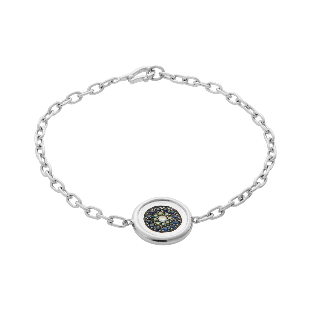 Ileana Makri double round eye bracelet in 18k white gold featuring green diamonds, blue sapphires, and white diamonds.