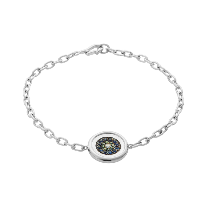 Ileana Makri double round eye bracelet in 18k white gold featuring green diamonds, blue sapphires, and white diamonds.