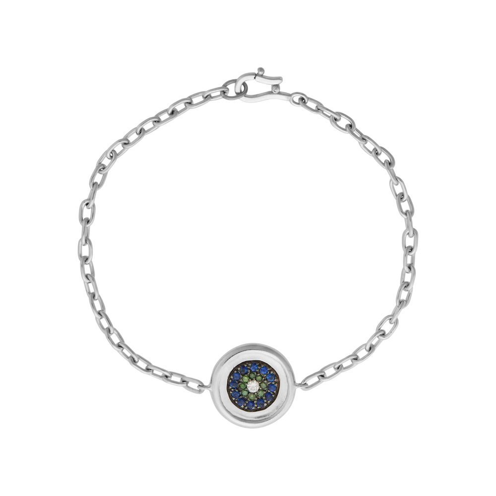 Ileana Makri double round eye bracelet in 18k white gold featuring green diamonds, blue sapphires, and white diamonds.
