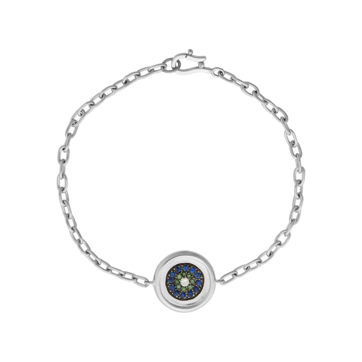 Ileana Makri double round eye bracelet in 18k white gold featuring green diamonds, blue sapphires, and white diamonds.