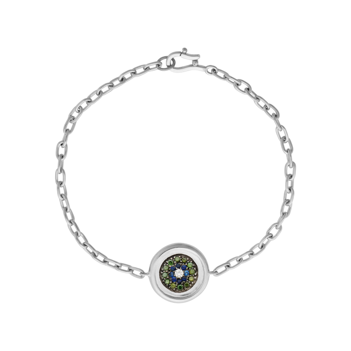 Ileana Makri double round eye bracelet in 18k white gold featuring green diamonds, blue sapphires, and white diamonds.
