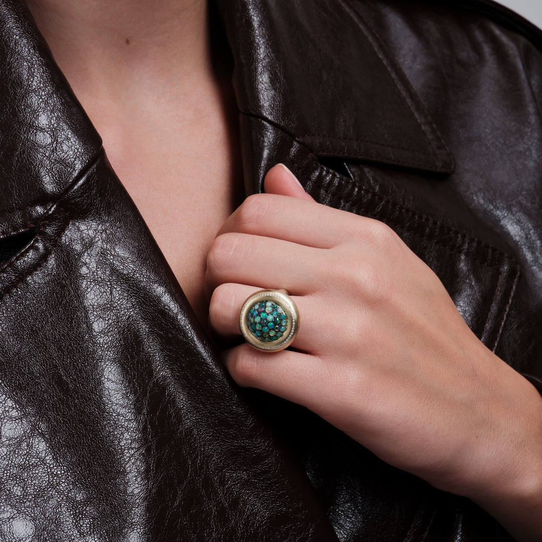 Opal & Diamond Caviar Ring