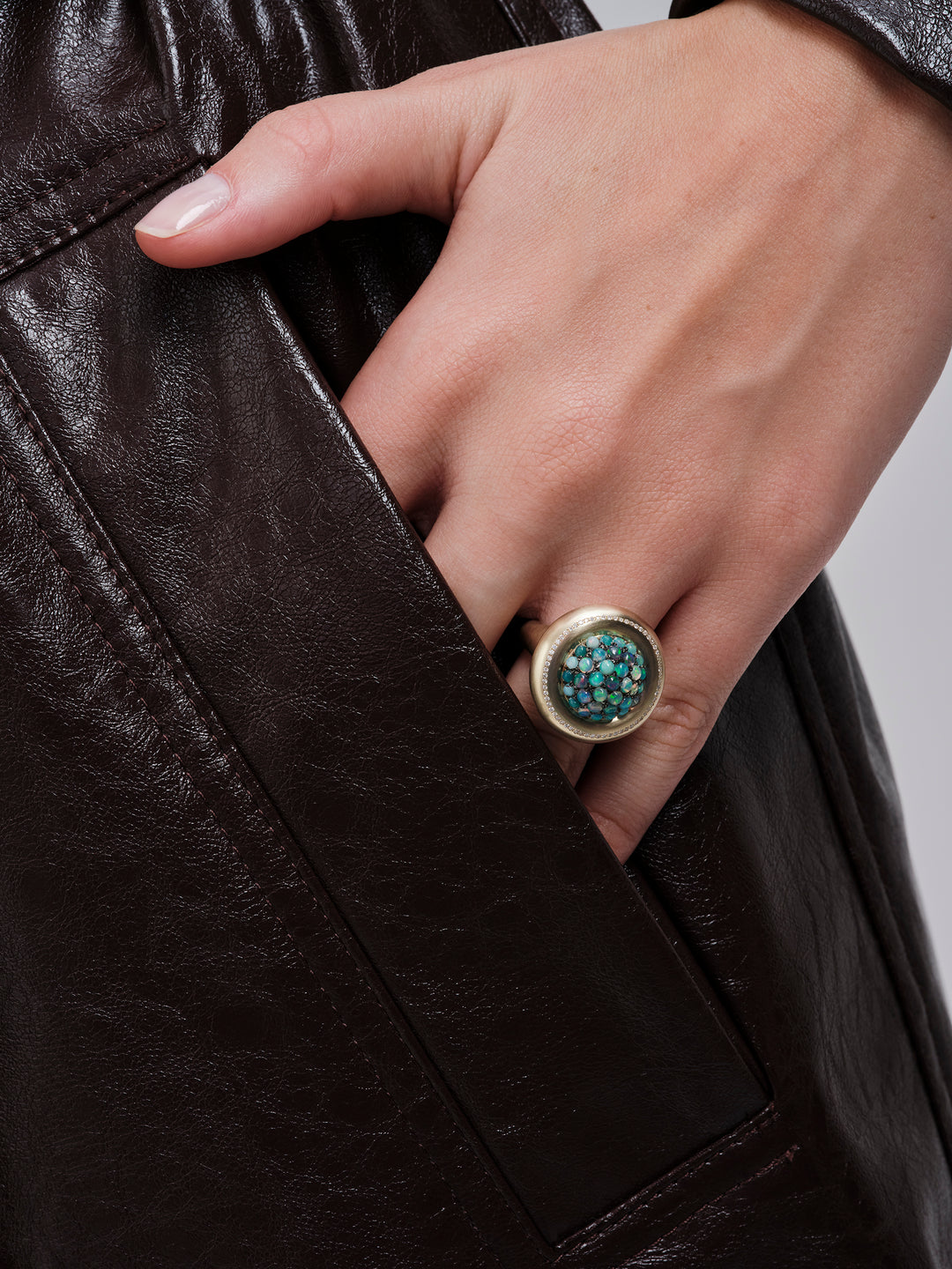 Opal & Diamond Caviar Ring