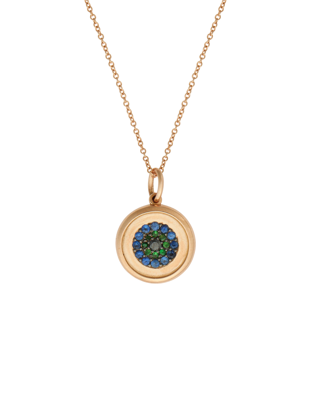Ileana Makri round eye pendant in 18k rose gold with blue sapphire, tsavorite, and black diamond pavé detailing.