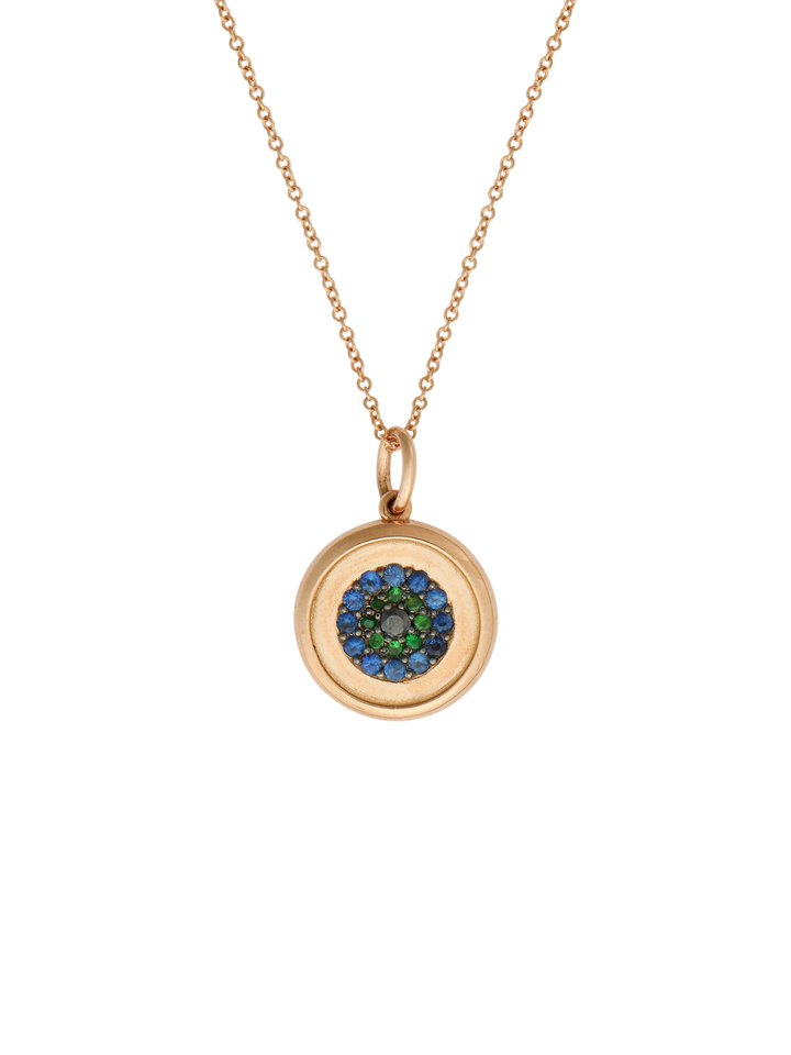 Ileana Makri round eye pendant in 18k rose gold with blue sapphire, tsavorite, and black diamond pavé detailing.