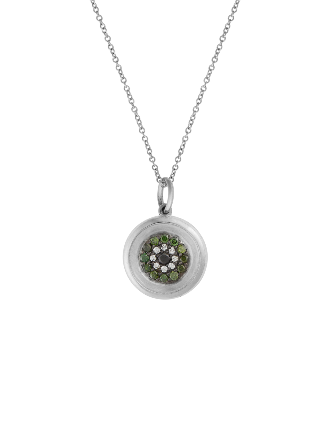 Ileana Makri round eye pendant in 18k white gold featuring concentric pavé green, white, and black diamonds on a chain