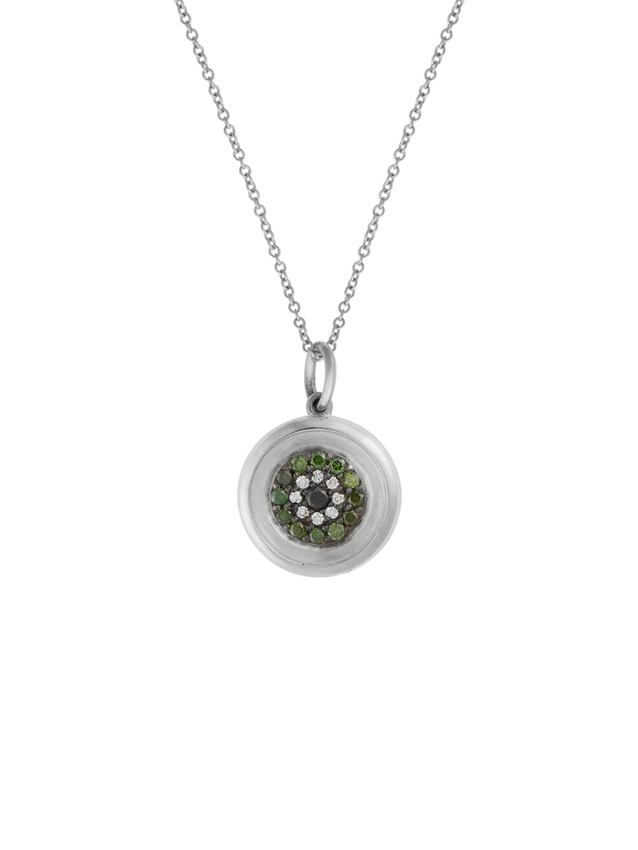 Ileana Makri round eye pendant in 18k white gold featuring concentric pavé green, white, and black diamonds on a chain
