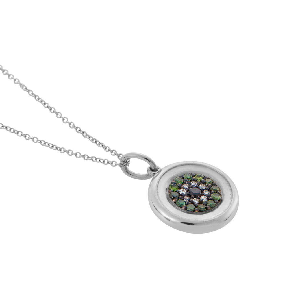 Ileana Makri round eye pendant in 18k white gold featuring pavé-set green, white, and black diamonds on a fine chain.