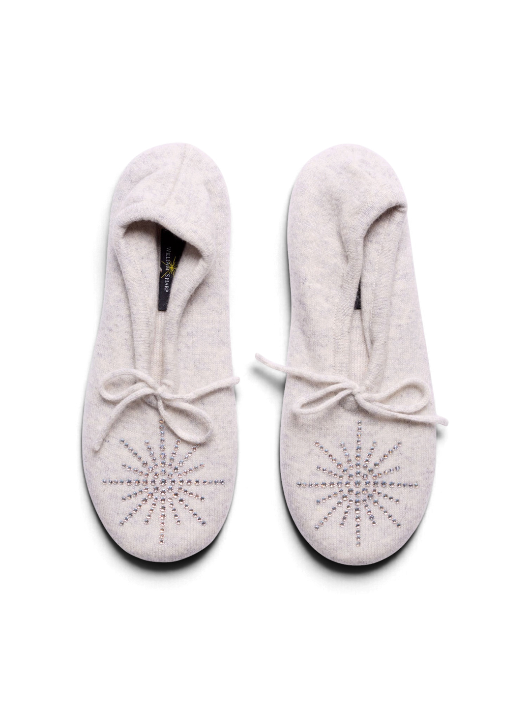 Ileana Makri Dolly slippers in silver haze cashmere with Swarovski crystal star embellishments and tie detail