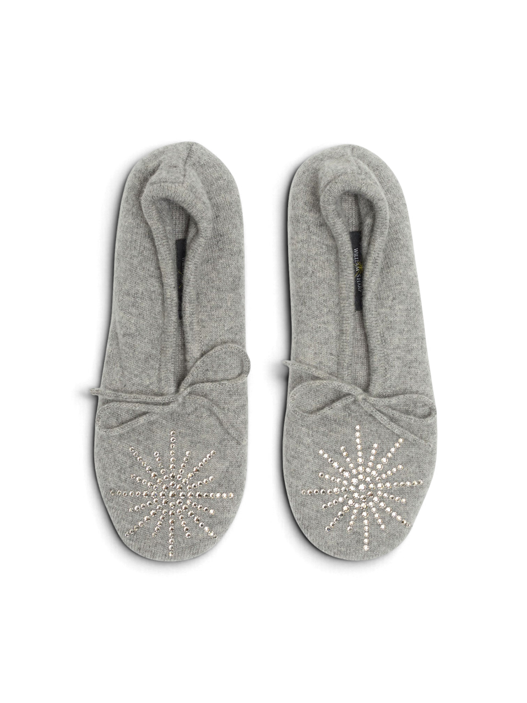 Ileana Makri light grey cashmere Dolly slippers with Swarovski crystal star embellishments and suede soles.