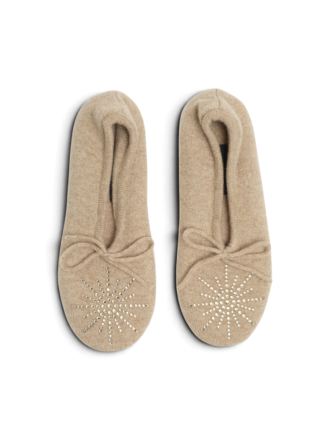 Ileana Makri mid brown cashmere Dolly slippers with Swarovski crystal morning star detail and bow accent