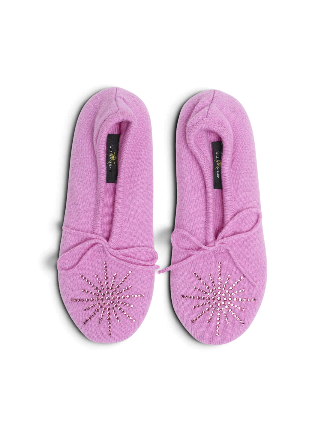 Ileana Makri rose pink cashmere Dolly slippers with Swarovski crystal morning star detail and suede soles.