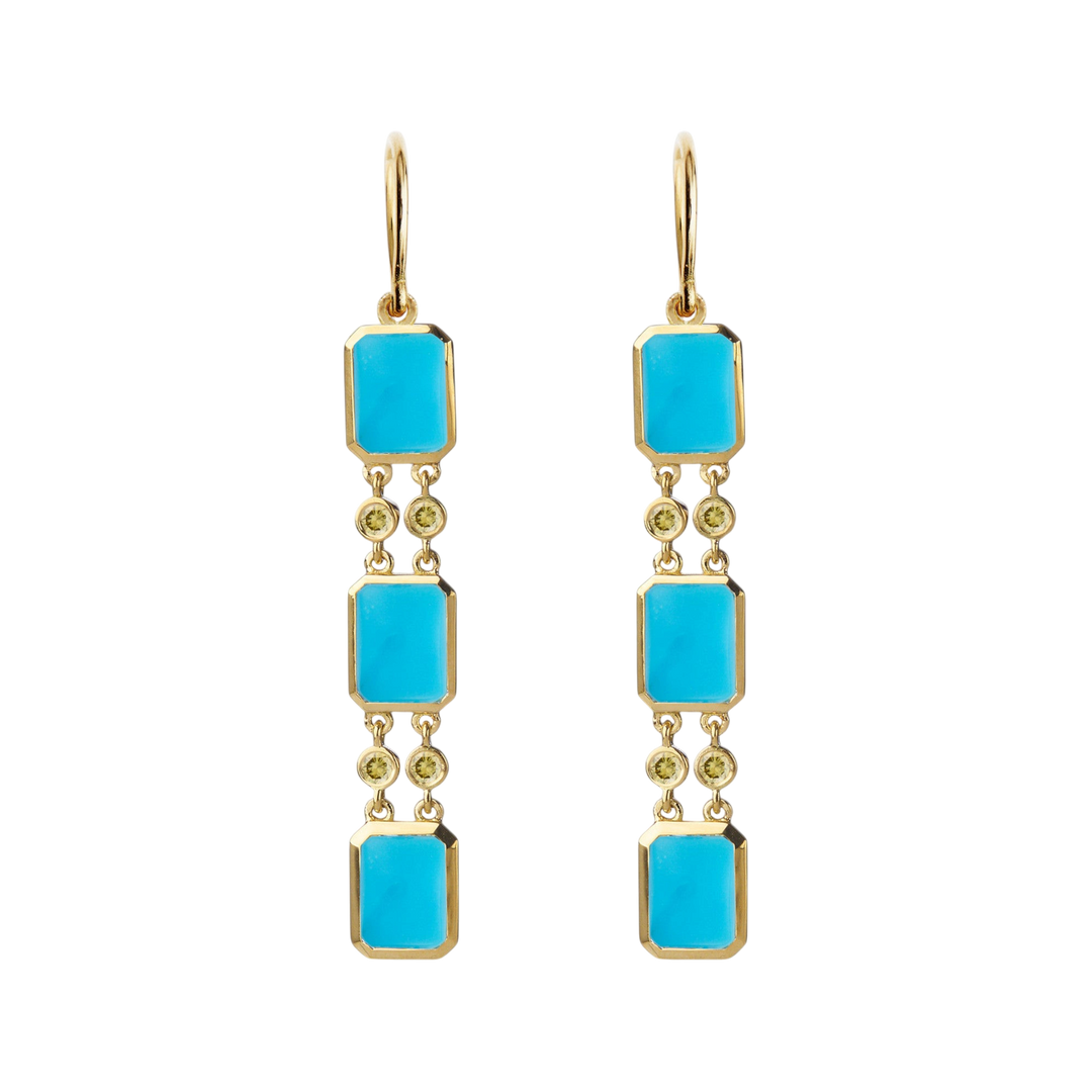Ileana Makri Sofia Turquoise Drops earrings featuring emerald-cut turquoise stones and yellow diamonds in 18k gold.