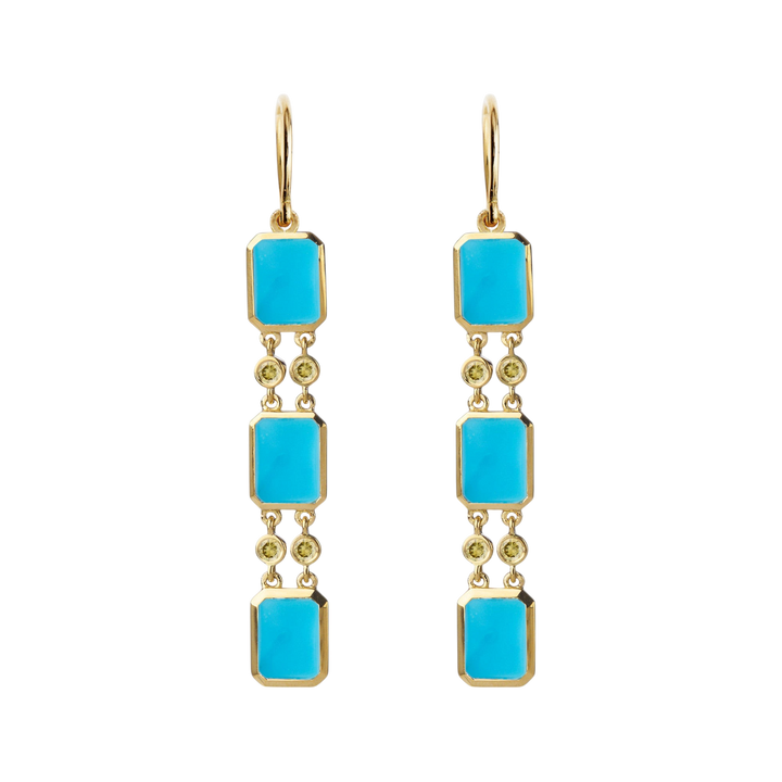 Ileana Makri Sofia Turquoise Drops earrings featuring emerald-cut turquoise stones and yellow diamonds in 18k gold.