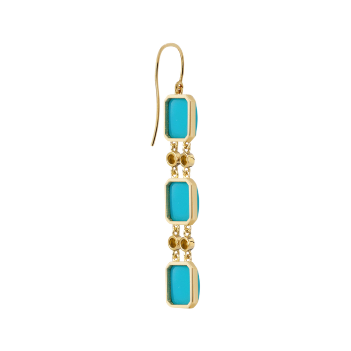 Ileana Makri Sofia turquoise drop earrings featuring three emerald-cut turquoise stones and yellow diamonds in 18k gold