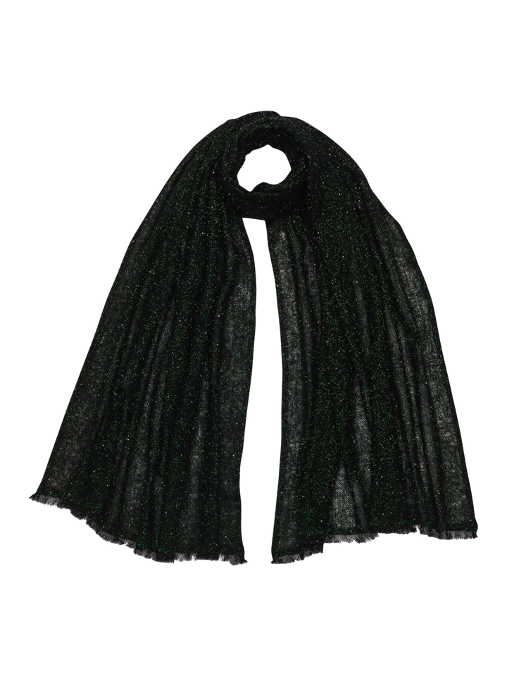 Ileana Makri Amarena 174 black cashmere and lurex scarf with subtle shimmering green accents and frayed edges.