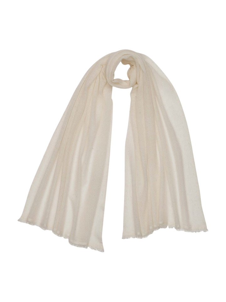 Ileana Makri Amarena cream cashmere blend scarf with iridescent sequins and a subtle shimmer, draped elegantly.