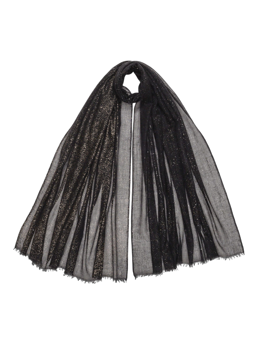 Ileana Makri Tamarindo black cashmere scarf with delicate shimmer and frayed edges, draped in a fluid, elegant style.