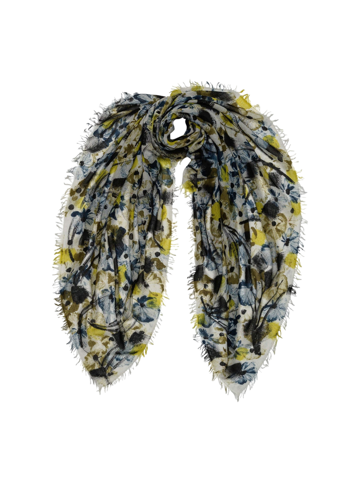 Ileana Makri Fico 178 navy and olive floral print cashmere scarf with frayed edges