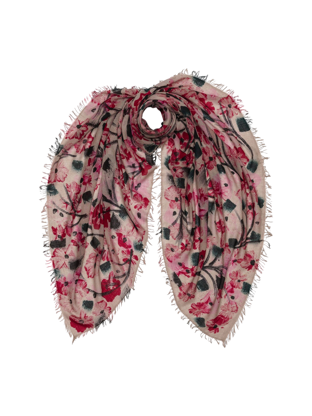 Ileana Makri Fico 178 red and pink floral print cashmere scarf with frayed edges and a painterly design.