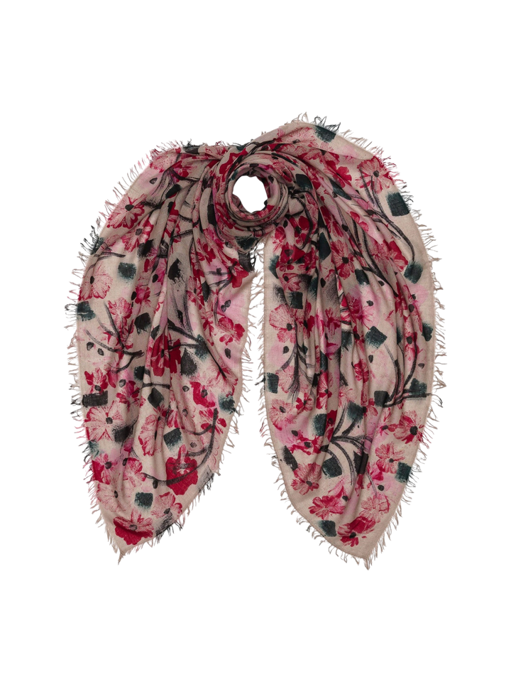 Ileana Makri Fico 178 red and pink floral print cashmere scarf with frayed edges and a painterly design.