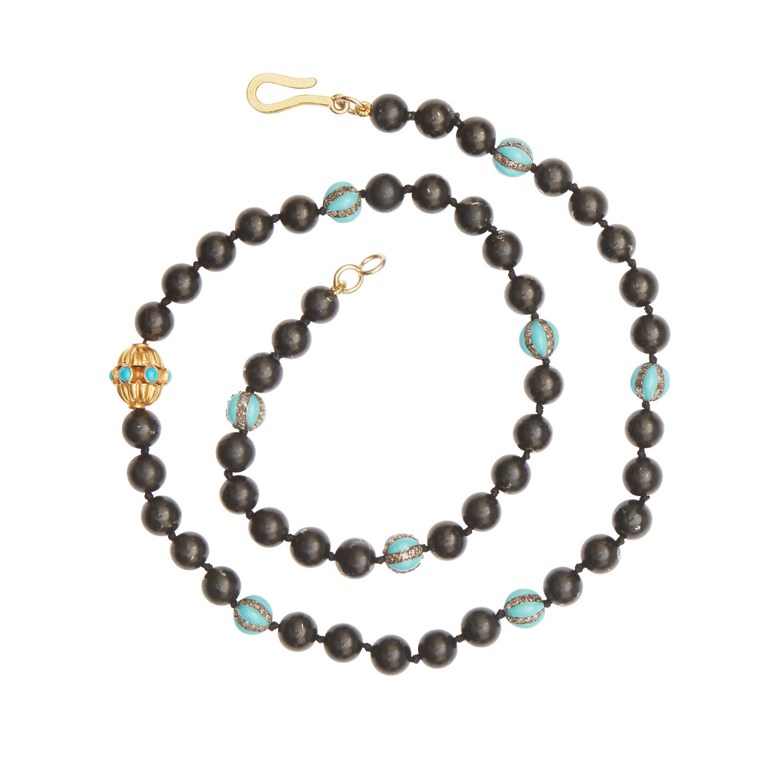 Black Shungite & Turquoise Enamel Beaded Necklace (45cm)