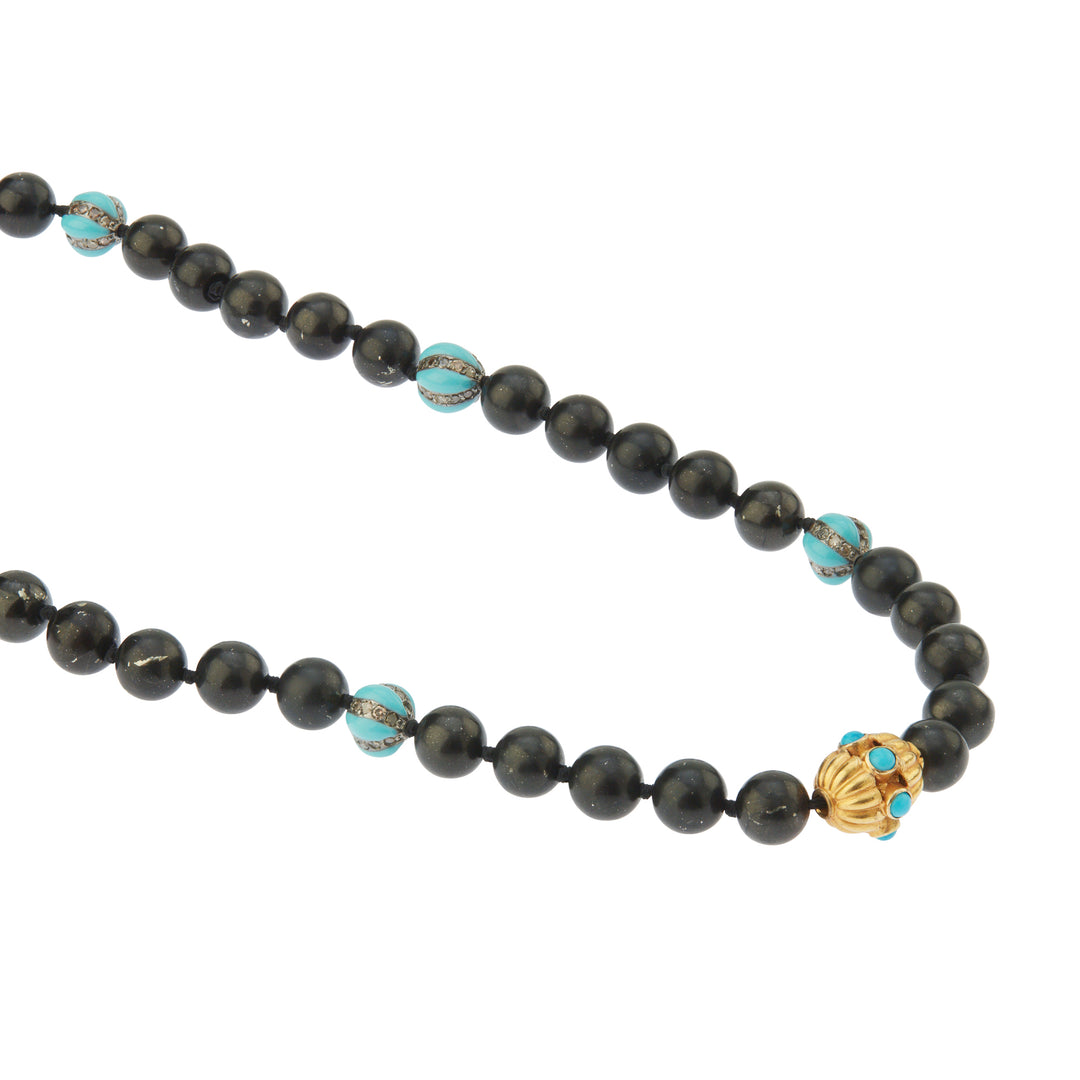 Black Shungite & Turquoise Enamel Beaded Necklace (45cm)