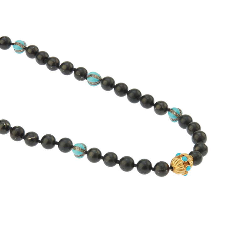 Black Shungite & Turquoise Enamel Beaded Necklace (45cm)