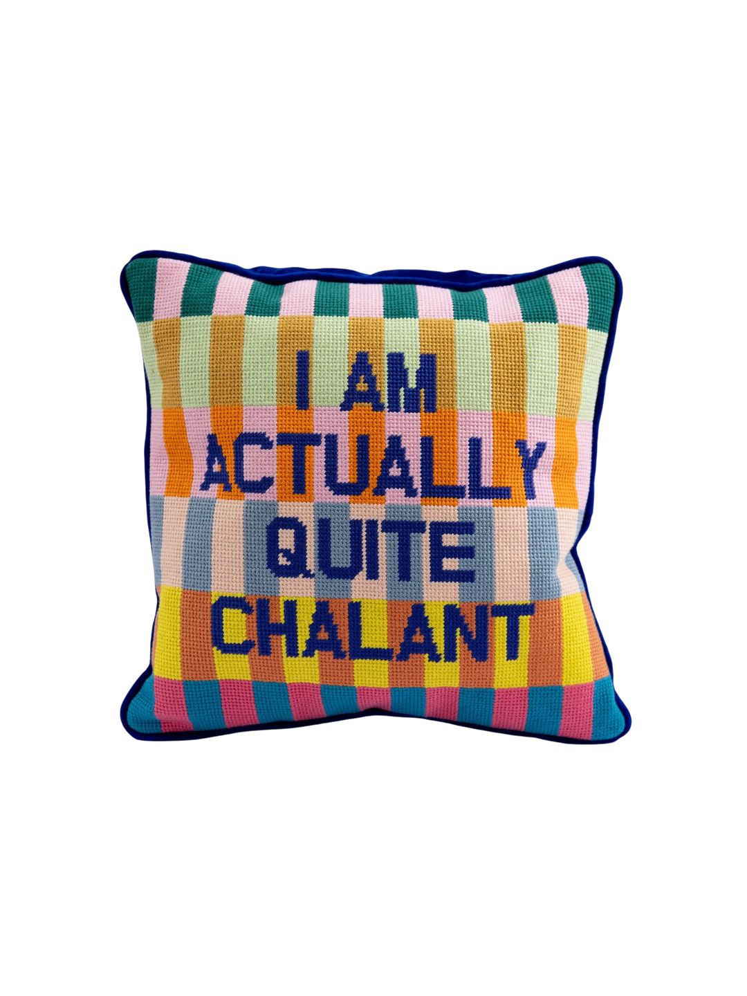 Ileana Makri Chalant needlepoint pillow with a colorful checkered pattern and blue embroidered text on velvet back