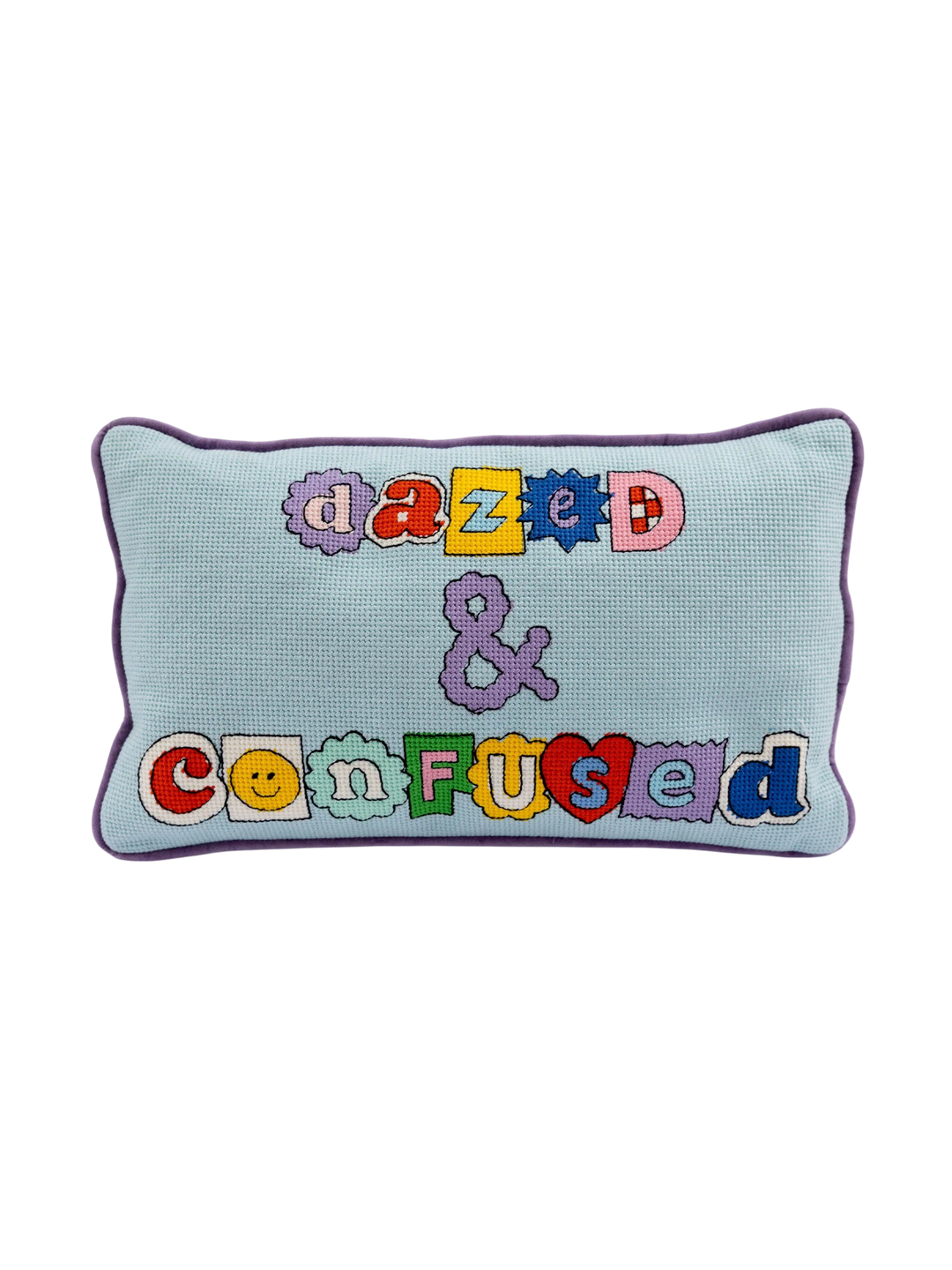 Ileana Makri Dazed & Confused needlepoint pillow with colorful embroidered letters on a light blue polyester front.