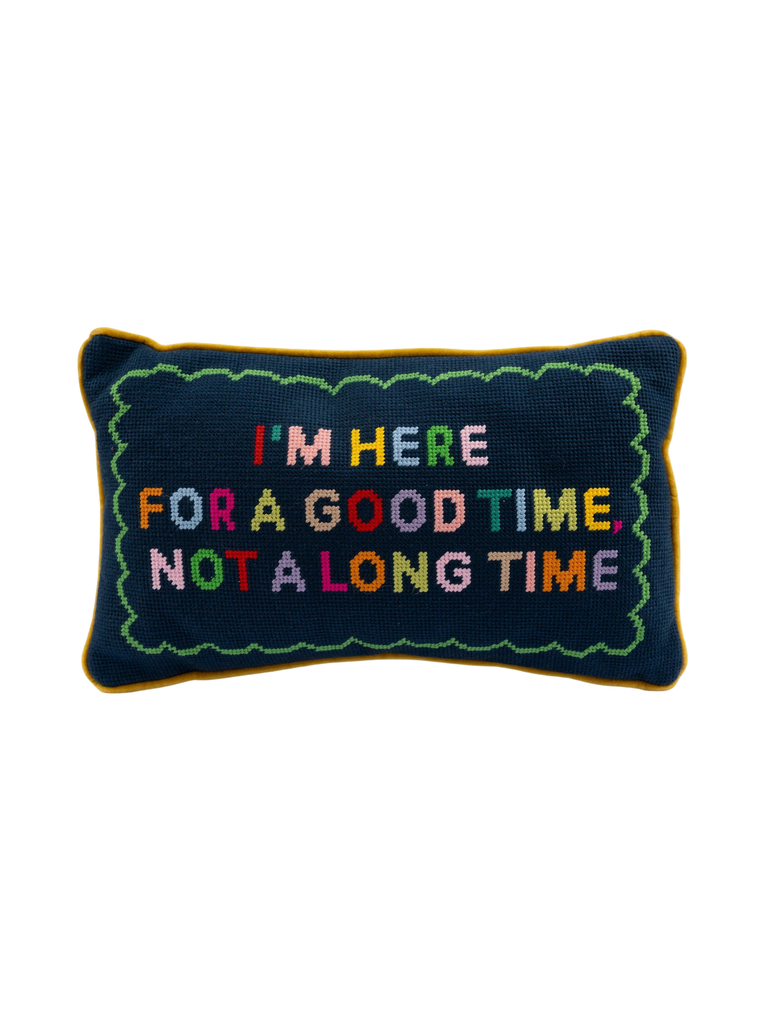 Ileana Makri Good Time needlepoint pillow with colorful embroidered text on a navy blue background and velvet trim.