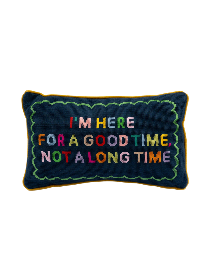 Ileana Makri Good Time needlepoint pillow with colorful embroidered text on a navy blue background and velvet trim.