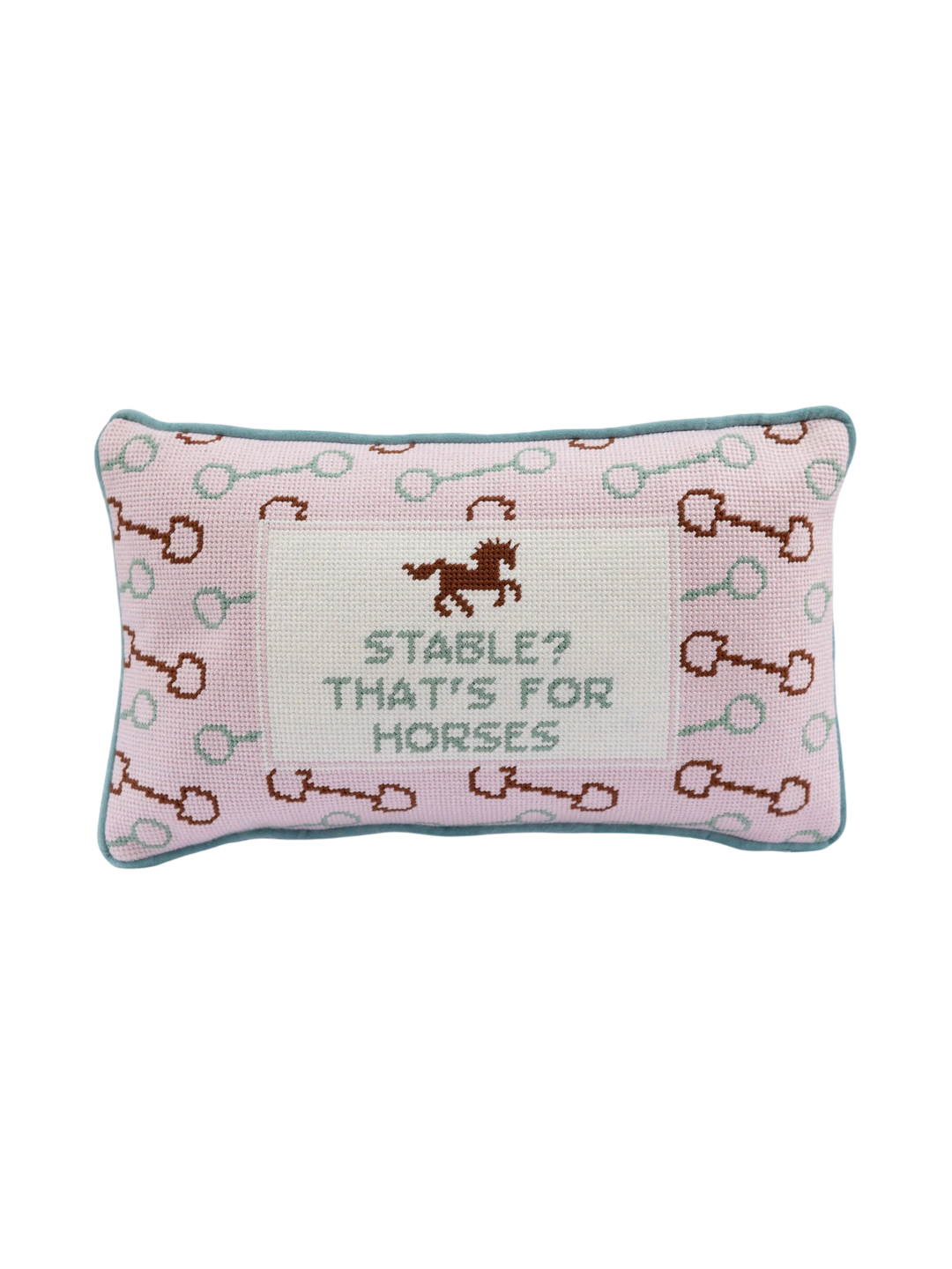 Ileana Makri Stable needlepoint pillow in pink with horse motif and Stable? That's for Horses text, velvet backing.