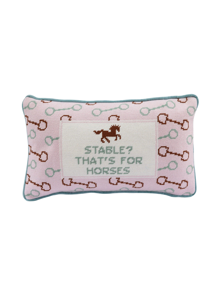 Ileana Makri Stable needlepoint pillow in pink with horse motif and Stable? That's for Horses text, velvet backing.