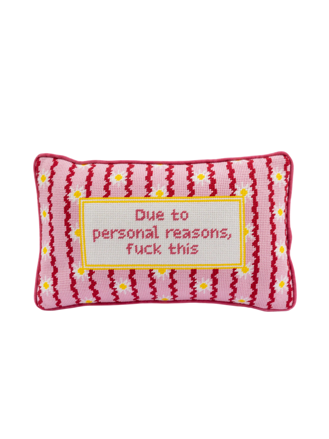 Ileana Makri needlepoint pillow featuring a pink floral pattern and the phrase Due to personal reasons, fuck this.